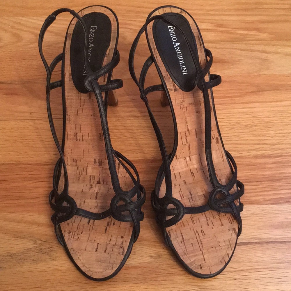 Strappy black high cork heels Enzo Angiolini